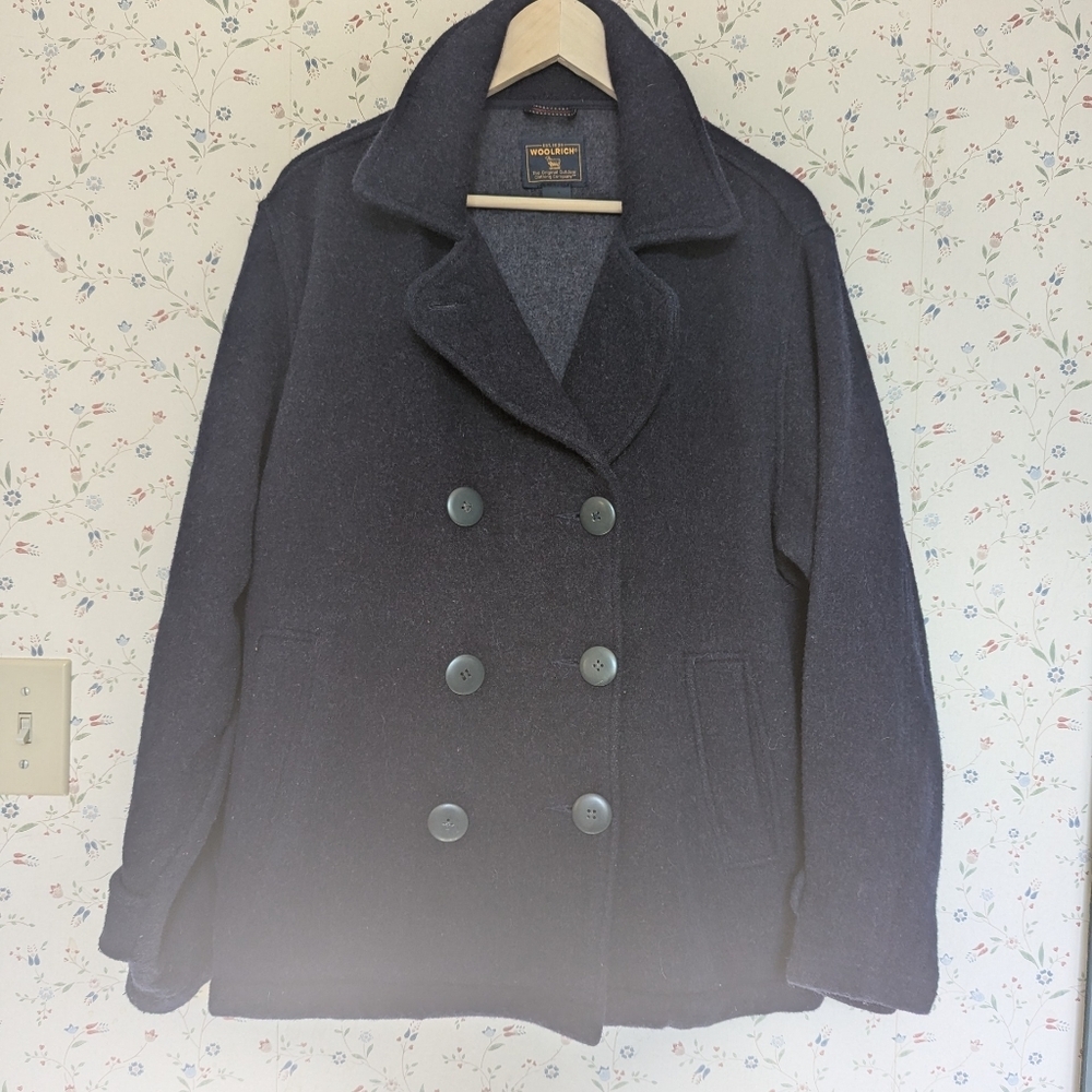 Woolrich Women's L Wool Dark Blue Pea Coat Unisex